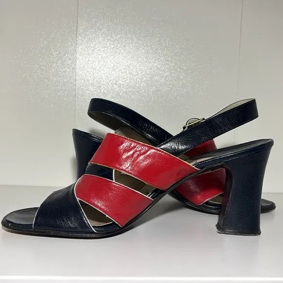 Women’s 8.5 vintage navy blue/red slingback strappy heeled leather sandals