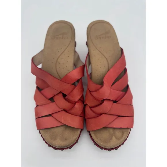 Women's Dansko Red Leather Woven Wedge Sandals