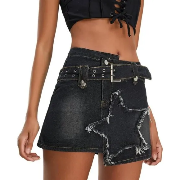 Women's Denim Skirt Vintage Star Patchwork Party Club Jean Skorts Skirts