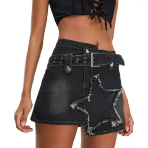Women's Denim Skirt Vintage Star Patchwork Party Club Jean Skorts Skirts