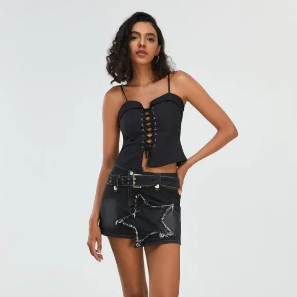 Women's Denim Skirt Vintage Star Patchwork Party Club Jean Skorts Skirts