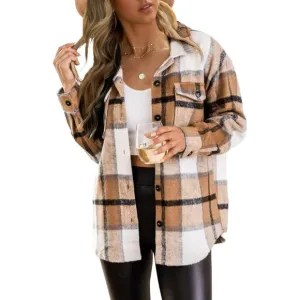 Womens Flannel Shacket Jacket Casual Plaid Button Down Long Sleeve Shirt Fall