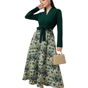 Women's Floral Jacquard Patchwork Wrap Dress