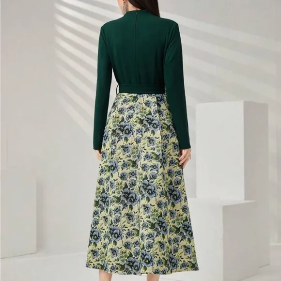 Women's Floral Jacquard Patchwork Wrap Dress