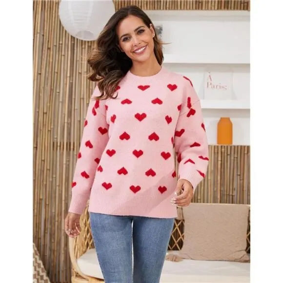 Women's Heart Sweater Cute Kawaii Casual Crewneck Long Sleeve Knitted, Pink