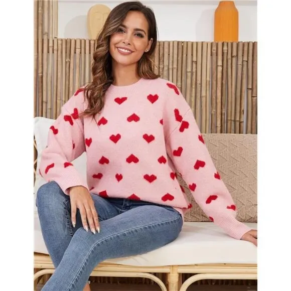 Women's Heart Sweater Cute Kawaii Casual Crewneck Long Sleeve Knitted, Pink