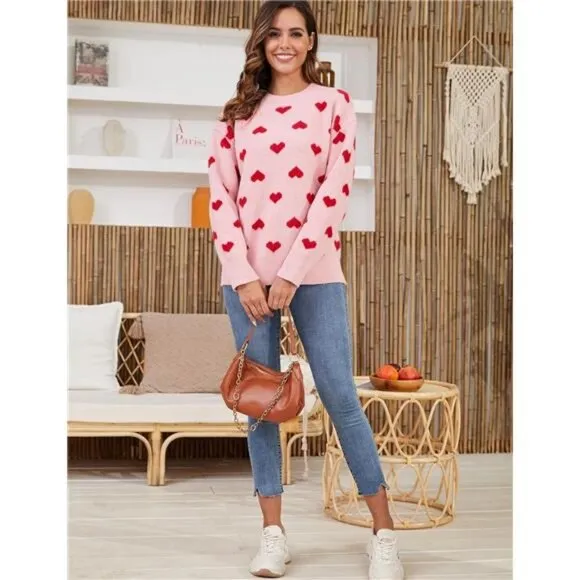 Women's Heart Sweater Cute Kawaii Casual Crewneck Long Sleeve Knitted, Pink