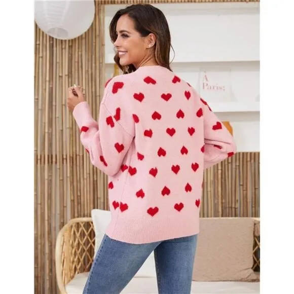 Women's Heart Sweater Cute Kawaii Casual Crewneck Long Sleeve Knitted, Pink