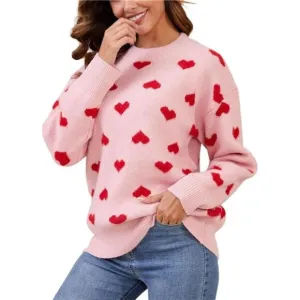 Women's Heart Sweater Cute Kawaii Casual Crewneck Long Sleeve Knitted, Pink