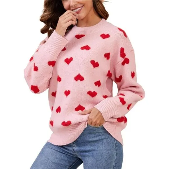 Women's Heart Sweater Cute Kawaii Casual Crewneck Long Sleeve Knitted, Pink