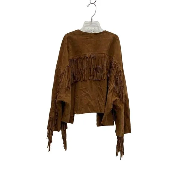 Women's L American Eagle Goat Suede Fringe Jacket Brown Western Festival