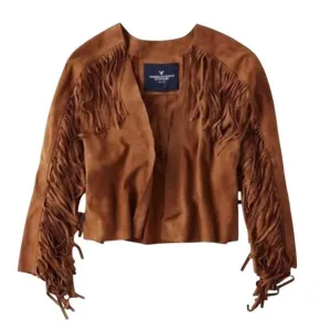 Women's L American Eagle Goat Suede Fringe Jacket Brown Western Festival