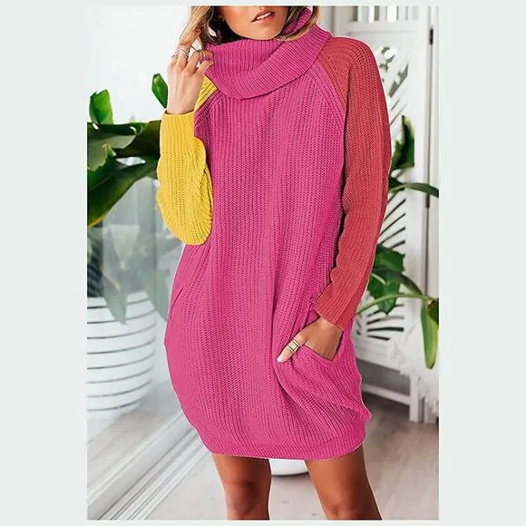 Women's Loose Turtleneck Oversize Long Pullover Sweater Dress Rose Red