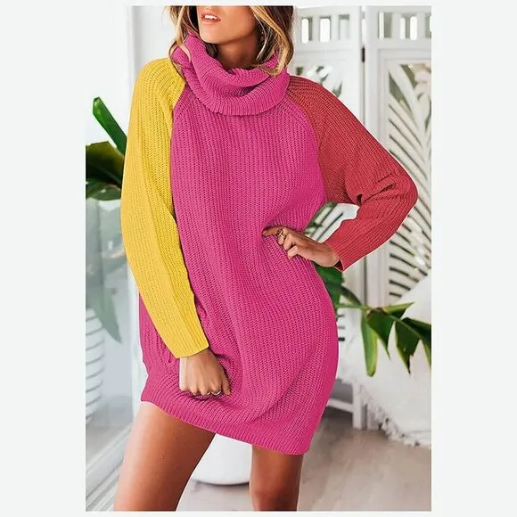 Women's Loose Turtleneck Oversize Long Pullover Sweater Dress Rose Red