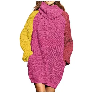 Women's Loose Turtleneck Oversize Long Pullover Sweater Dress Rose Red