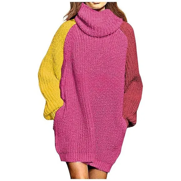 Women's Loose Turtleneck Oversize Long Pullover Sweater Dress Rose Red