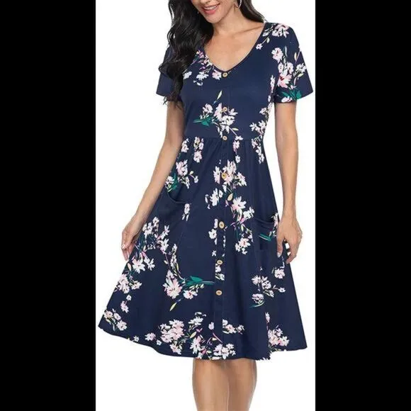 Women's Short Sleeve V Neck Floral Dress with Pockets