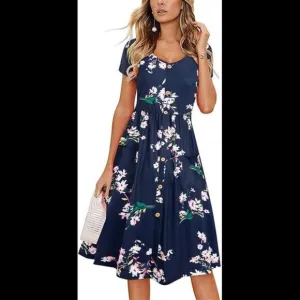 Women's Short Sleeve V Neck Floral Dress with Pockets