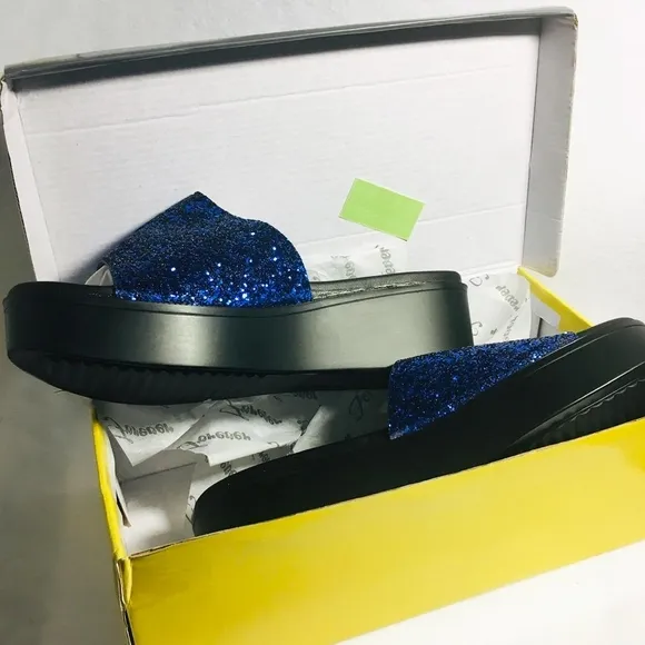 Women’s Slip On Raised Platform Sandals - Blue Glitter