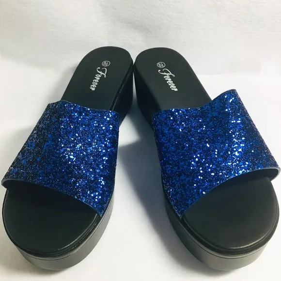 Women’s Slip On Raised Platform Sandals - Blue Glitter