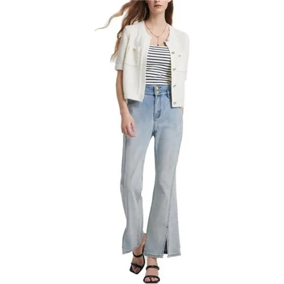 Women's Summer Cropped Cardigan Knitted Blouse Top Short Sleeve Crewneck