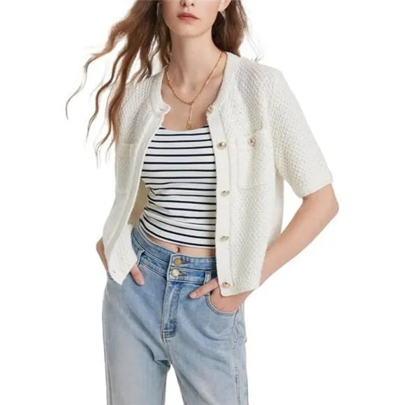 Women's Summer Cropped Cardigan Knitted Blouse Top Short Sleeve Crewneck