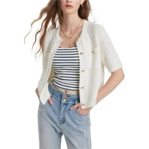 Women's Summer Cropped Cardigan Knitted Blouse Top Short Sleeve Crewneck