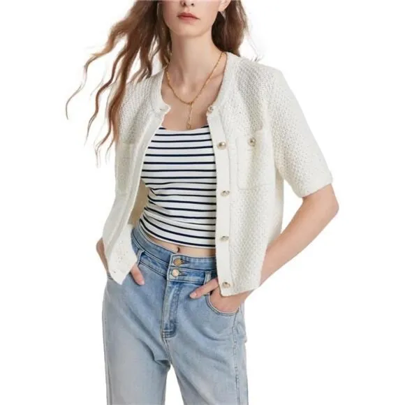 Women's Summer Cropped Cardigan Knitted Blouse Top Short Sleeve Crewneck