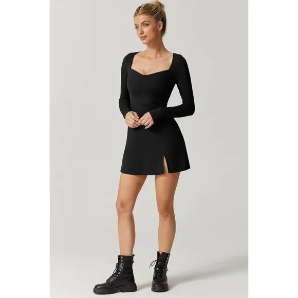 Women's Sweettheart Neckline Long Sleeve Dress Side Slit Stretch Flare Mini Dres