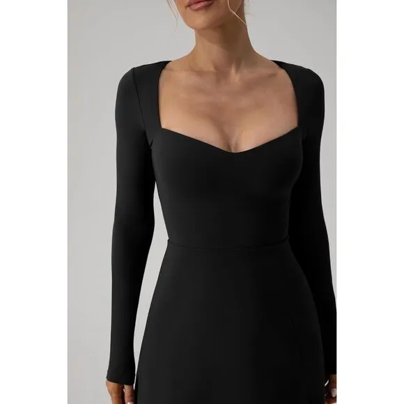 Women's Sweettheart Neckline Long Sleeve Dress Side Slit Stretch Flare Mini Dres