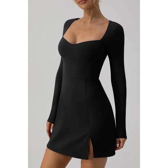 Women's Sweettheart Neckline Long Sleeve Dress Side Slit Stretch Flare Mini Dres