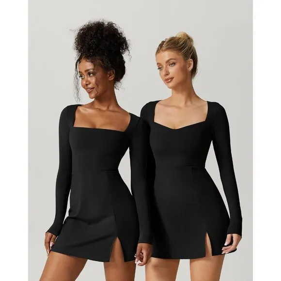 Women's Sweettheart Neckline Long Sleeve Dress Side Slit Stretch Flare Mini Dres