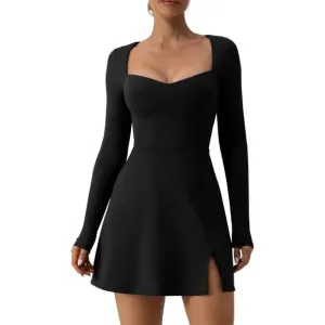 Women's Sweettheart Neckline Long Sleeve Dress Side Slit Stretch Flare Mini Dres