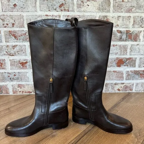 Women’s Tory Burch Leather Riding Boot 7.5 Dark Brown Logo Embossed