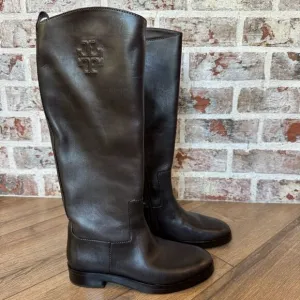 Women’s Tory Burch Leather Riding Boot 7.5 Dark Brown Logo Embossed