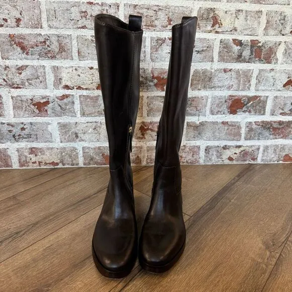 Women’s Tory Burch Leather Riding Boot 7.5 Dark Brown Logo Embossed