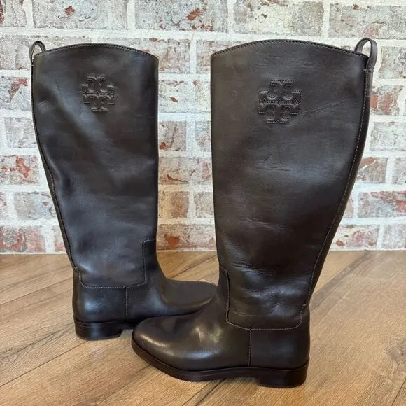 Women’s Tory Burch Leather Riding Boot 7.5 Dark Brown Logo Embossed