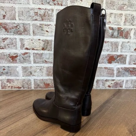 Women’s Tory Burch Leather Riding Boot 7.5 Dark Brown Logo Embossed