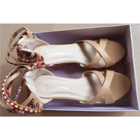 Women's Wedge Sandals With Pearls Across The Top Platform Sandals High Heels