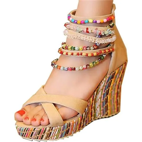 Women's Wedge Sandals With Pearls Across The Top Platform Sandals High Heels