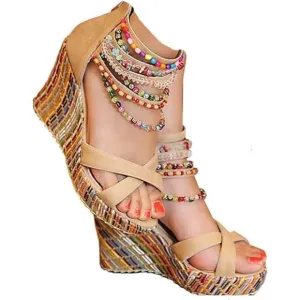 Women's Wedge Sandals With Pearls Across The Top Platform Sandals High Heels