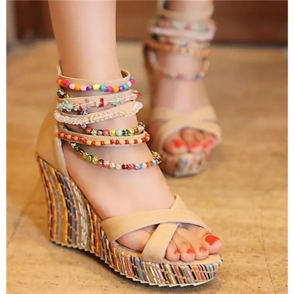 Women's Wedge Sandals With Pearls Across The Top Platform Sandals High Heels