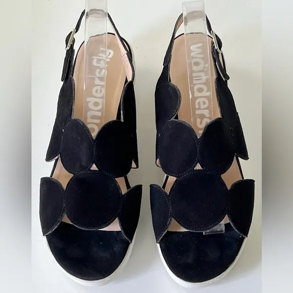 Wonders Fly Black Suede Leather Platform Sandals D-8120 Size 41