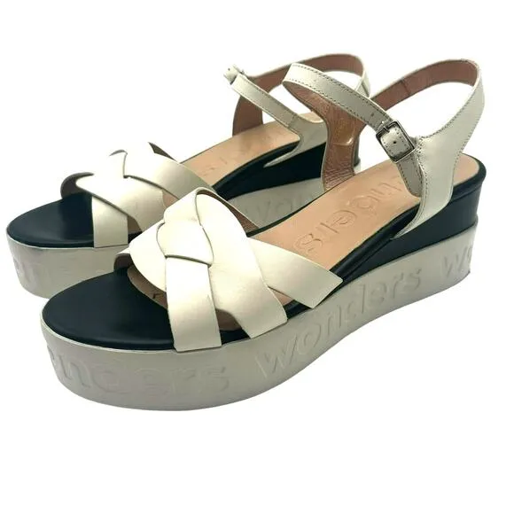 WONDERS Sandals Women's 10 Platform Wedge Black White Leather Memory Gel B-7511