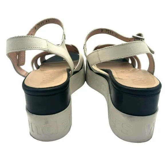 WONDERS Sandals Women's 10 Platform Wedge Black White Leather Memory Gel B-7511