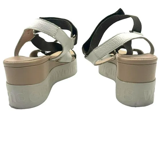 WONDERS Sandals Women's 10 Platform Wedge Brown White Leather Memory Gel B-7521
