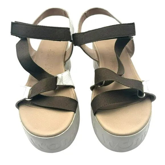 WONDERS Sandals Women's 10 Platform Wedge Brown White Leather Memory Gel B-7521