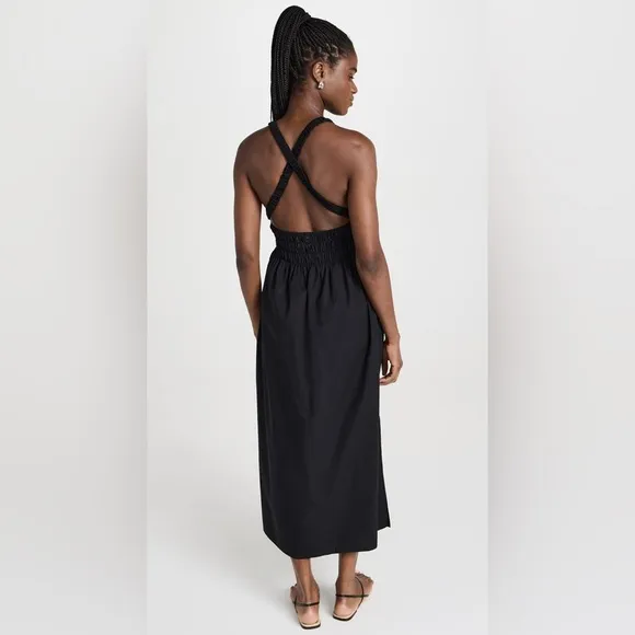 Xirena Tove Midi Dress Cotton Poplin Smocked Waist Halter Small Black