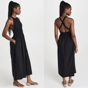 Xirena Tove Midi Dress Cotton Poplin Smocked Waist Halter Small Black