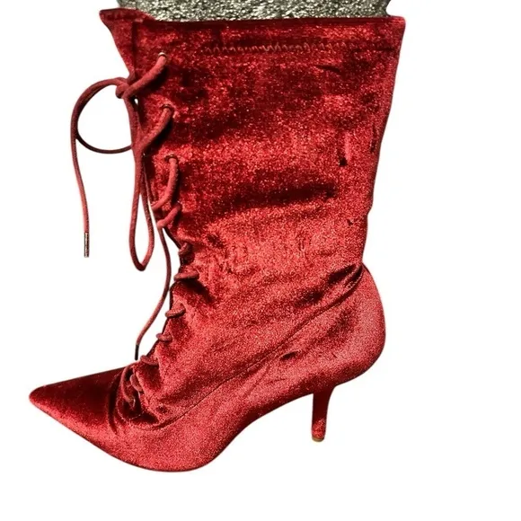 YEEZY Season 5 Velvet Ox Blood Lace Up Stretch Sock Ankle Boots Heels Sz 37 1/2